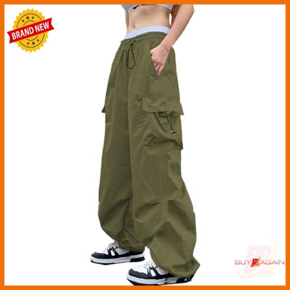 Women's Parachute Cargo Pants Baggy Loose Fit Multi-Pocket Y2K Style - Picture 2 of 8